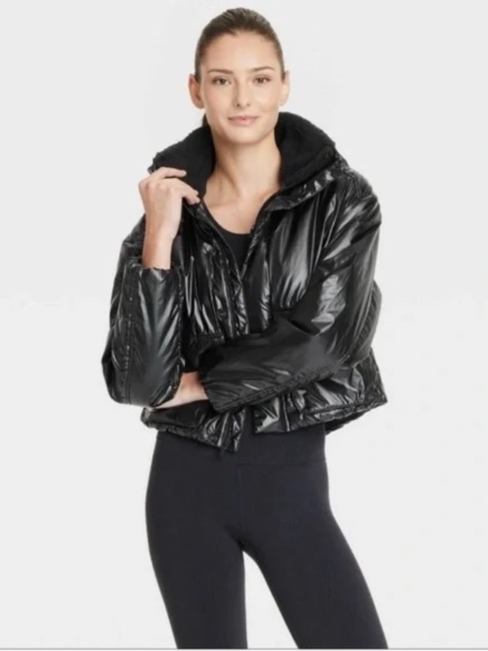 all in motion Shiny Black Cropped Puffer Jacket with Faux-Sherpa Hood